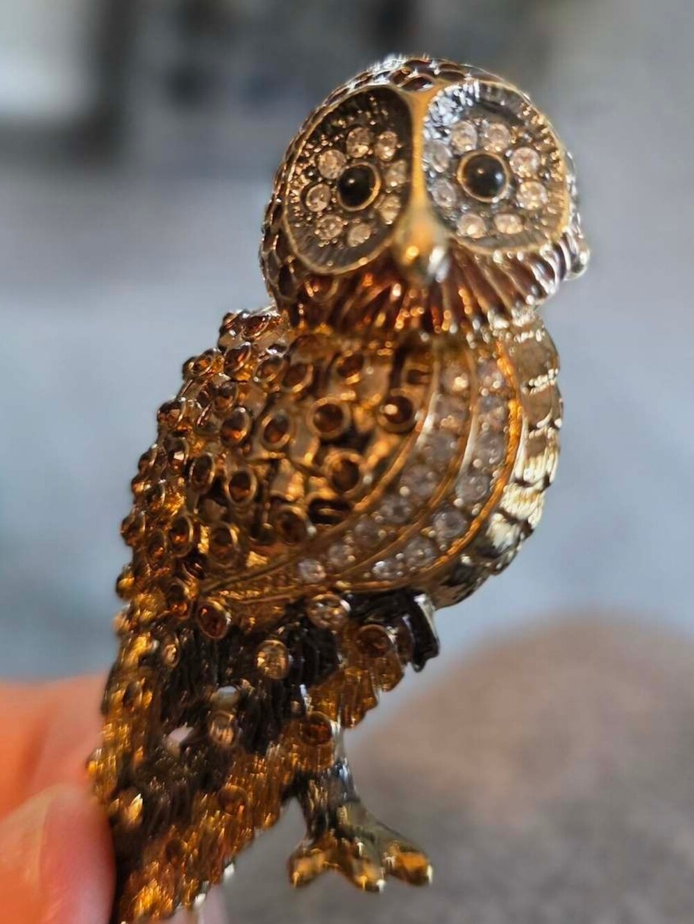 Nolan Miller Gold and Silver-Tone Owl Brooch with Amber and Clear Stones